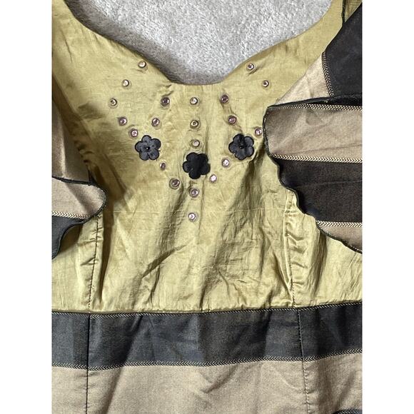 Cocktail Dress Medium Gold Satin Striped Handmade Ruffled Sleeve Beaded Formal - Picture 3 of 5